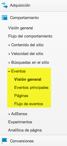 Opciones de eventos en Analytics