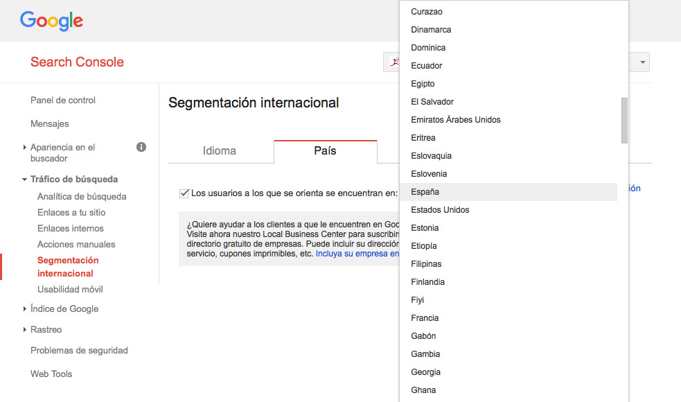 Orientación geográfica de dominios desde Segmentación Internacional de Google Search Console
