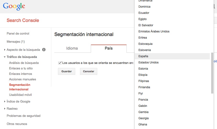 Configuración de orientación geográfica de un dominio desde Google Search Console