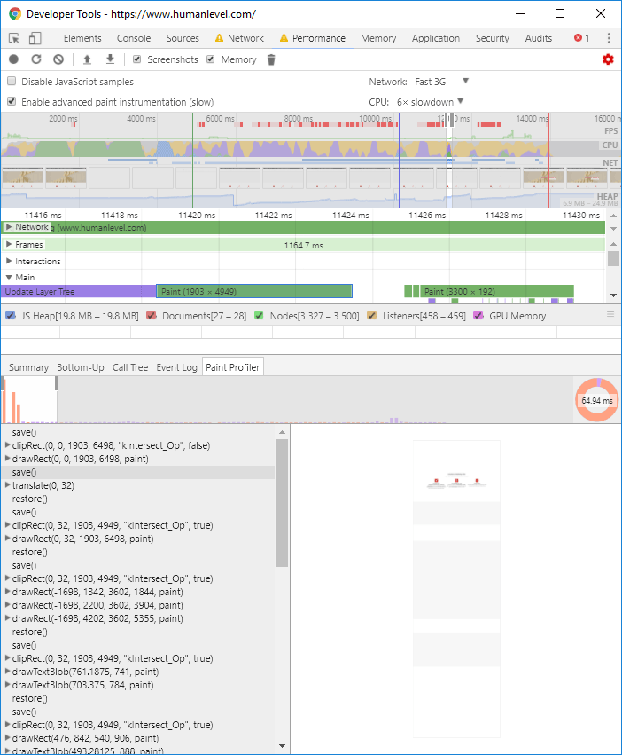 Google Chrome developer tools painting profile browser