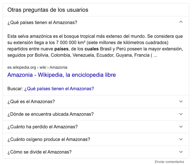 resultados de preguntas relacionadas en la SERP de Google