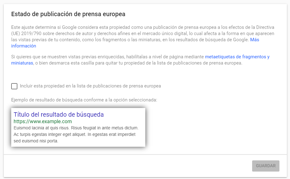 Pantalla de configuración de Google Search Console para la prensa europea