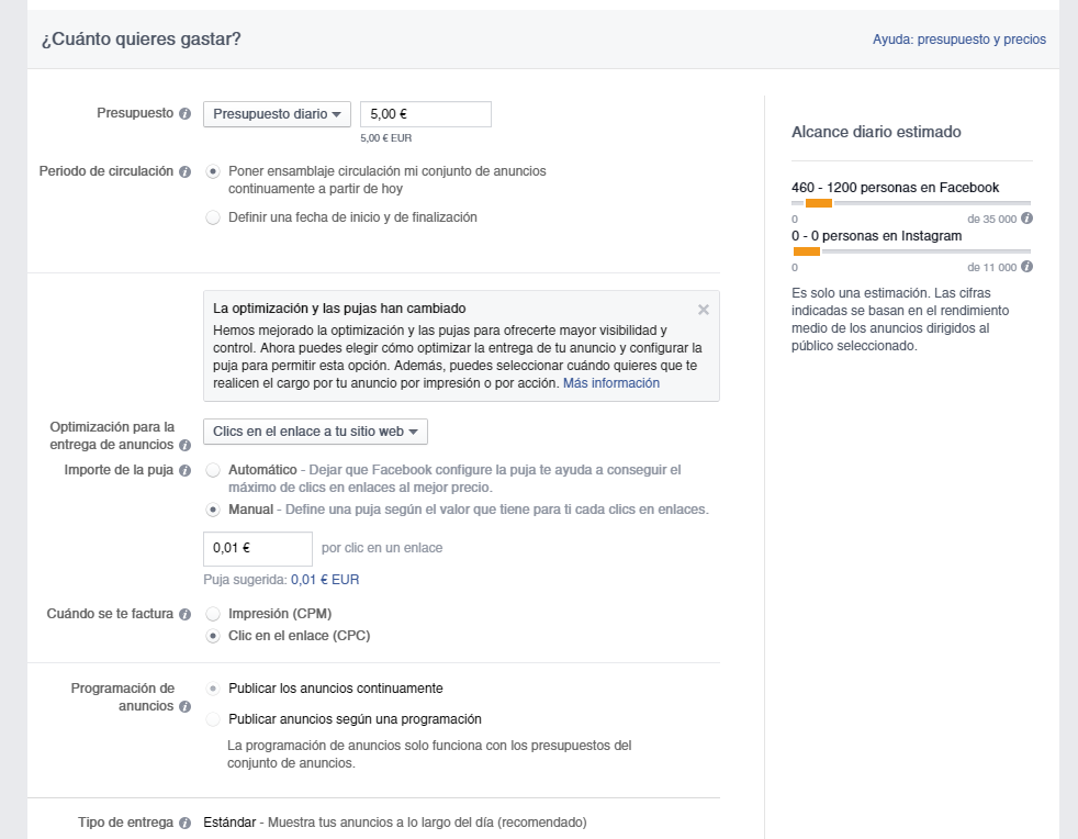 Presupuesto de inversión Facebook Ads