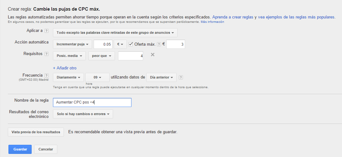 Creación de regla de palabras clave en Google AdWords