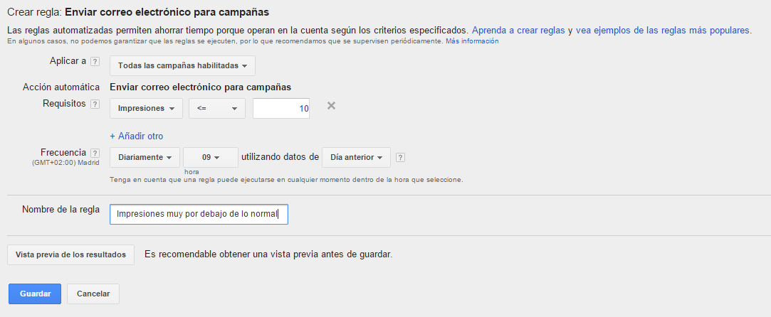 Alerta en Google AdWords para campañas con impresiones bajas