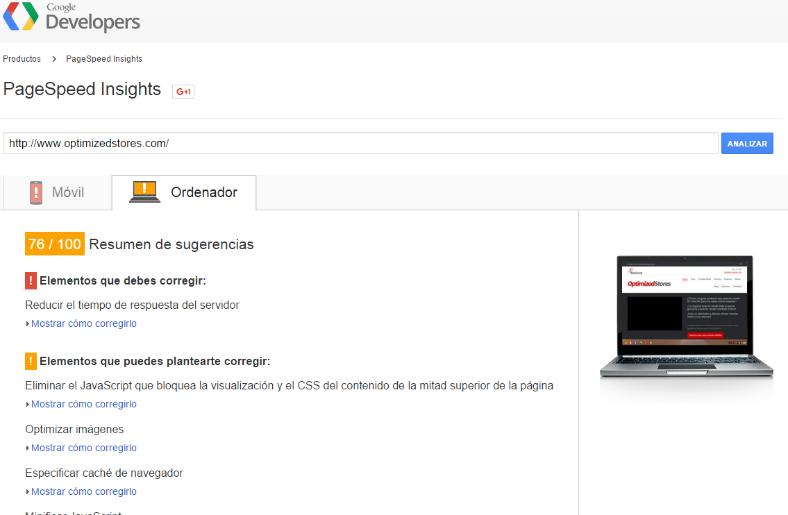 resultado de PageSpeed Insights