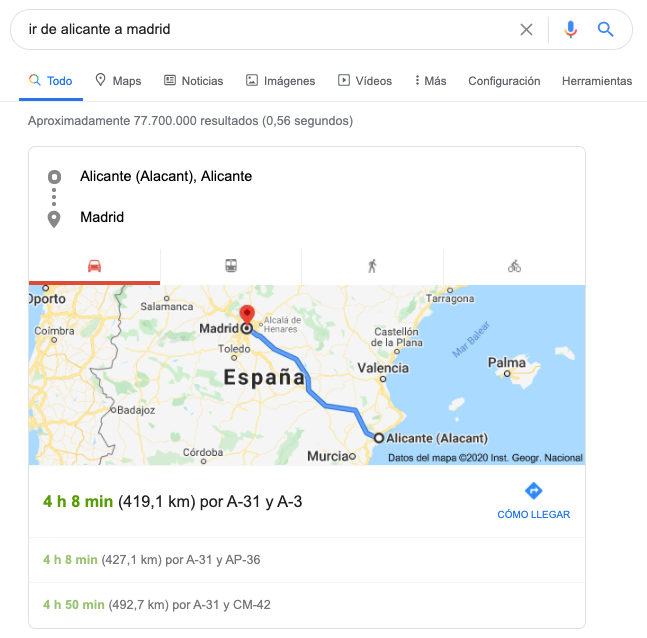 resultados de itinerarios en la SERP de Google
