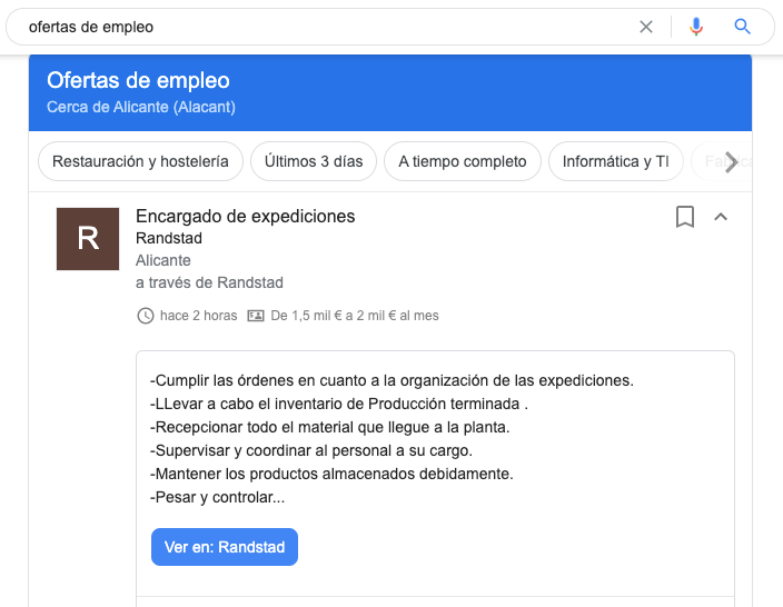 resultados de empleos en Google