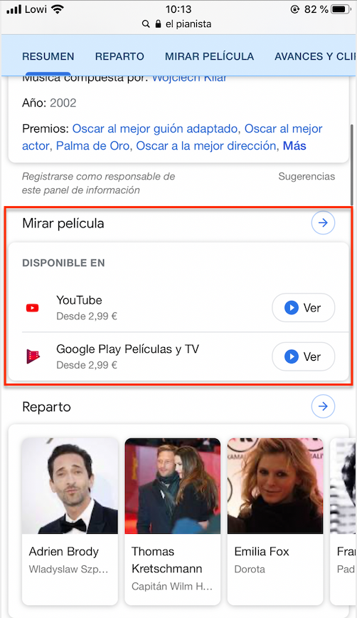 resultados de películas en Google