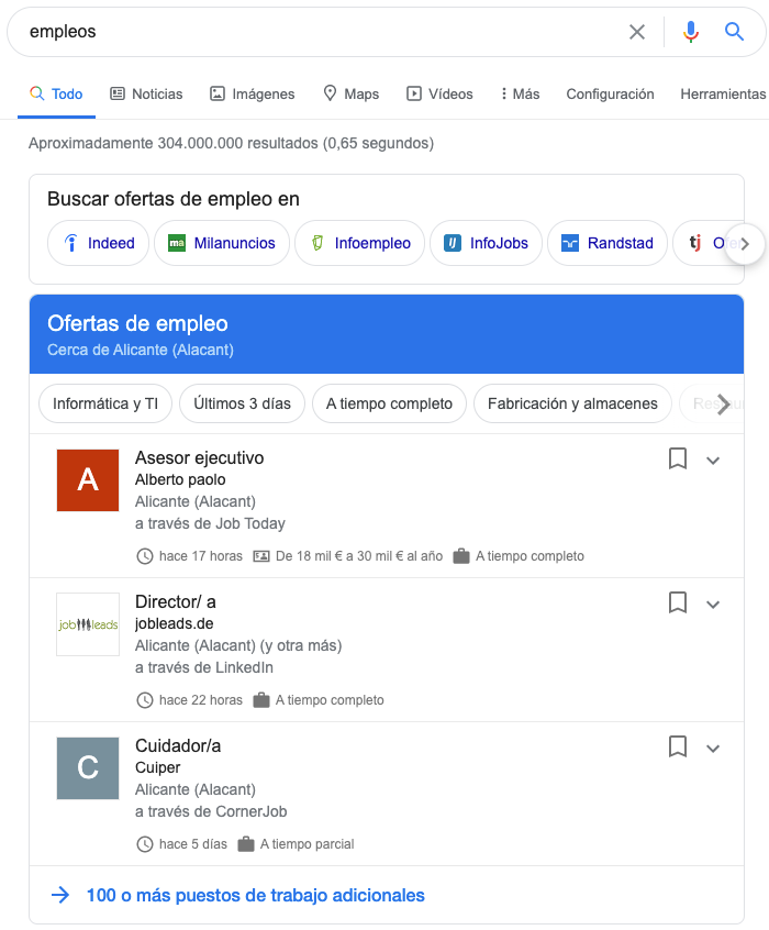 resultados de empleos en Google