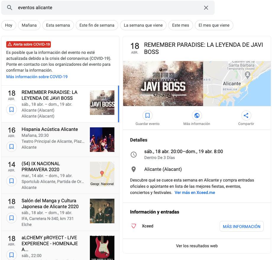 resultados de eventos en Google