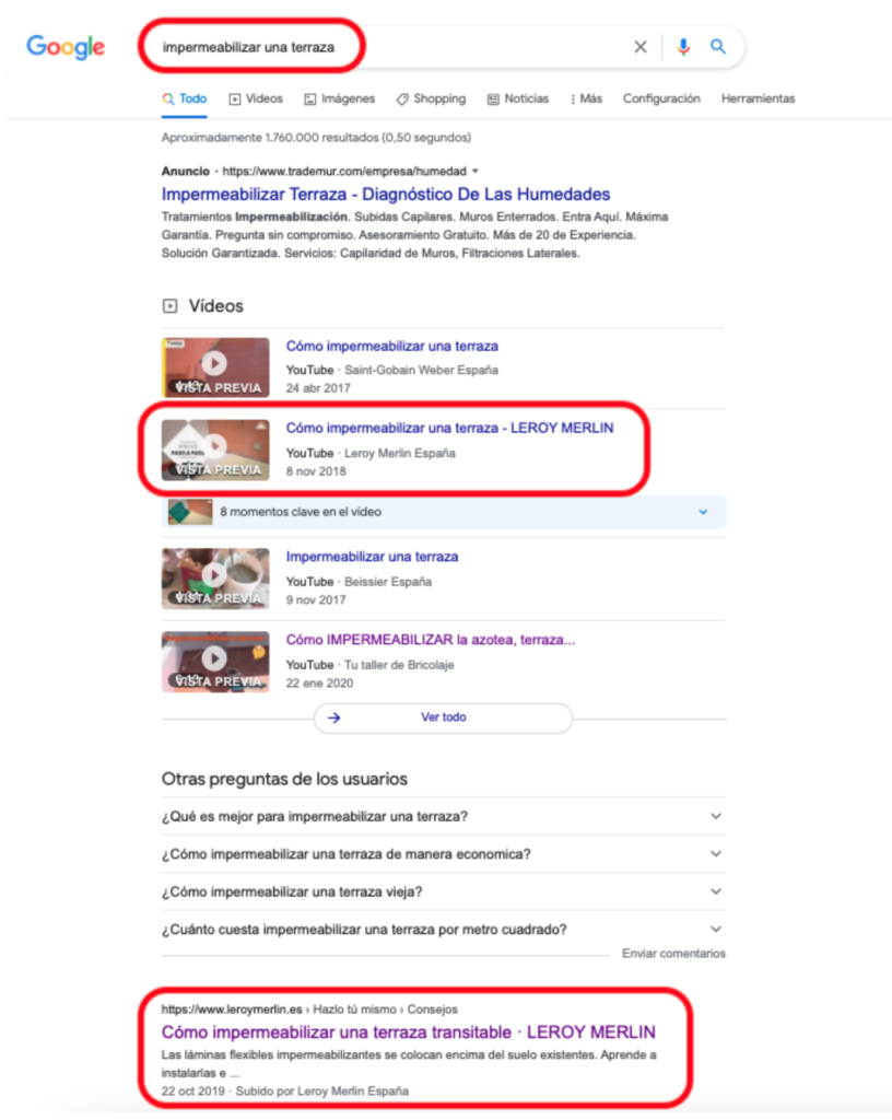 Para la búsqueda "impermeabilizar una terraza", aparecen resultados de Leroy Merlin tanto en vídeo como en resultado orgánico normal