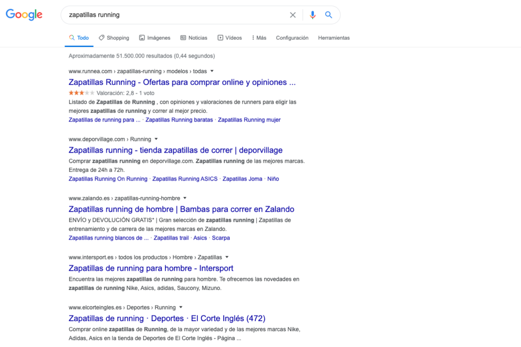 Resultados orgánicos a la búsqueda "zapatillas running"