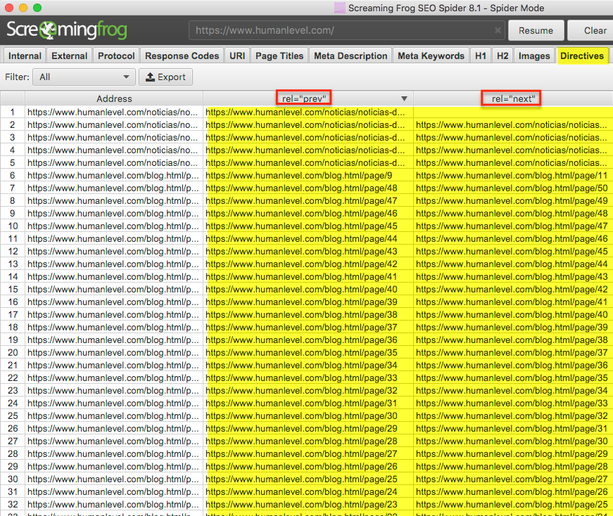 Análisis de los atributos rel="prev" y "rel="next" con la herramienta Screaming frog