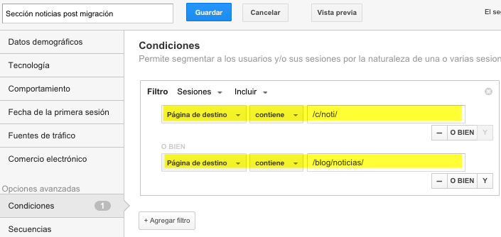 Create advanced segment in Analytics for migration tracking