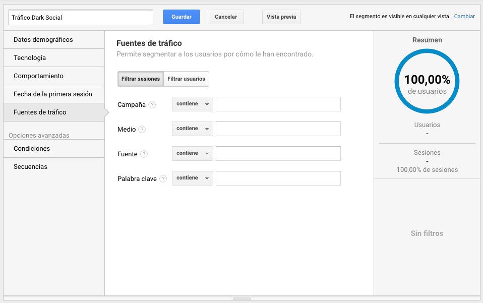 Creación de segmento personalizado en Analytics