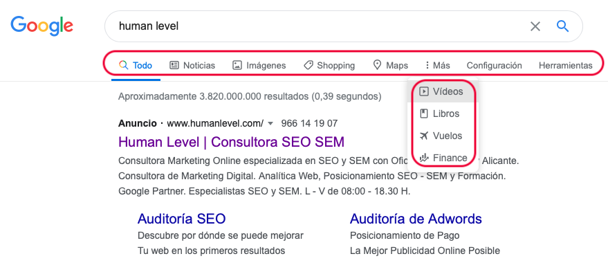 Tipos de resultados entre los que elegir en las SERPS de Google