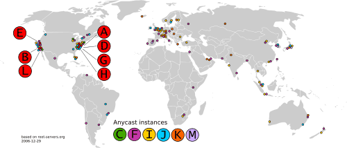 mapa de los servidores raíz de DNS