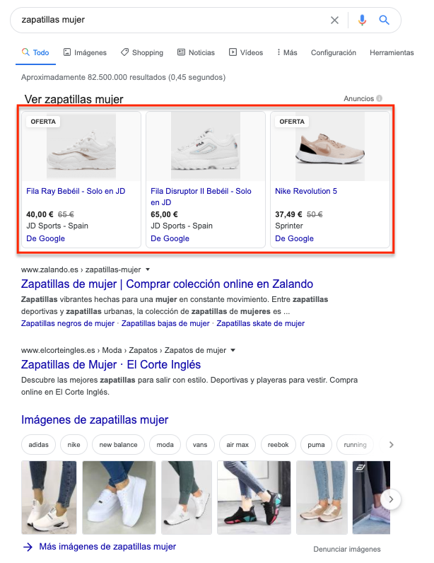Google Shopping results in Google SERP