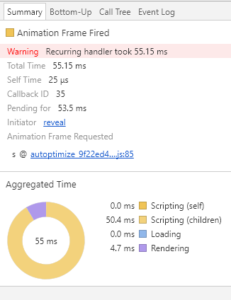 Overview of the devtools tool with performance problem warning.