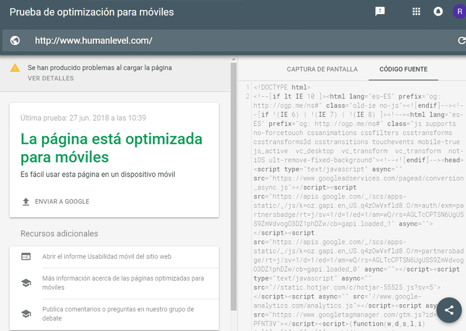 test de Google para la optimización para móviles