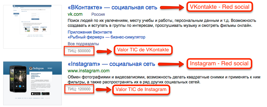 Valores TIC en Yandex.Catalog de VKontakte e Instagram
