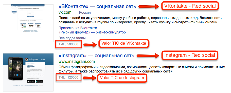 ICT values in Yandex.Catalog of VKontakte and Instagram.