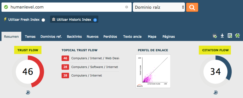 Indicadores Trust Flow y Citation Flow en la herramienta Majestic