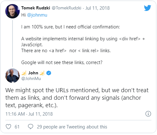 John Mueller's tweet about links with div tags