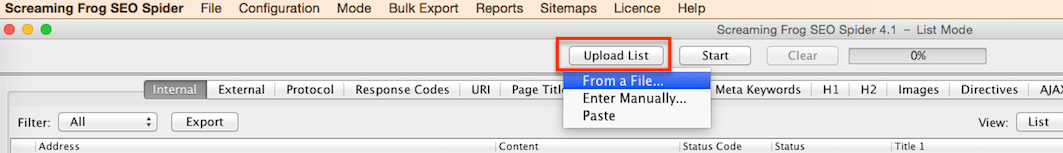 Uploading a list of URLs in Screaming Frog