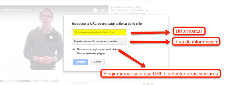 Ventana de configuración de tipo de datos schema.org