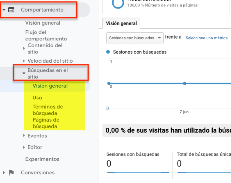 ver datos búsquedas internas analytics