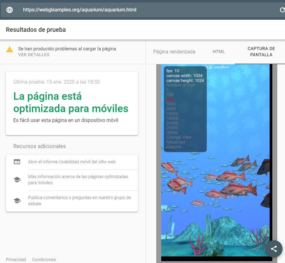 Página implementada con WebGL renderizada por Googlebot