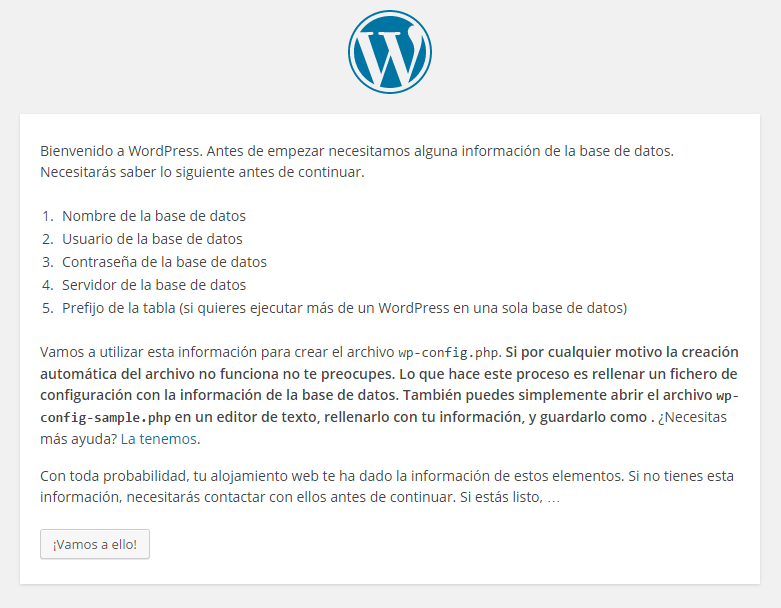 Pantalla de bienvenida de WordPress