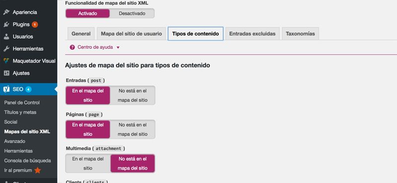 Yoast SEO configuración del archivo sitemap